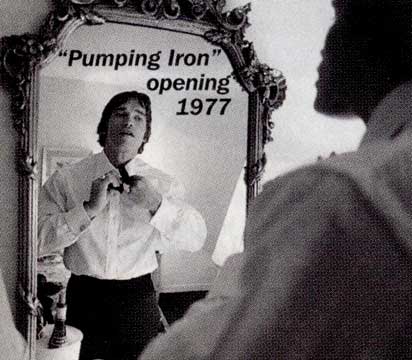 Arnold preparing for the Pumping Iron bodybuilding movie premier where Arnold made sure she wasn't in the audience. Photo 1977