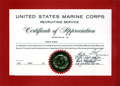 Certificate of Appreciation addressed to Kellie Everts on behalf of the US military bestowed to Kellie Everts for her patriotic activism for women in the US Army